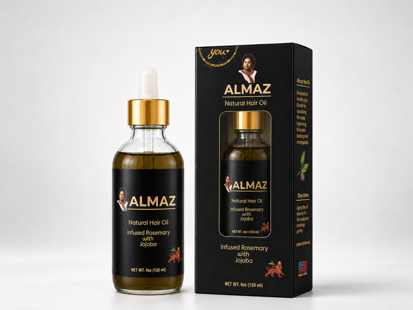 ALMAZ Natural Hair Oil bottle and box