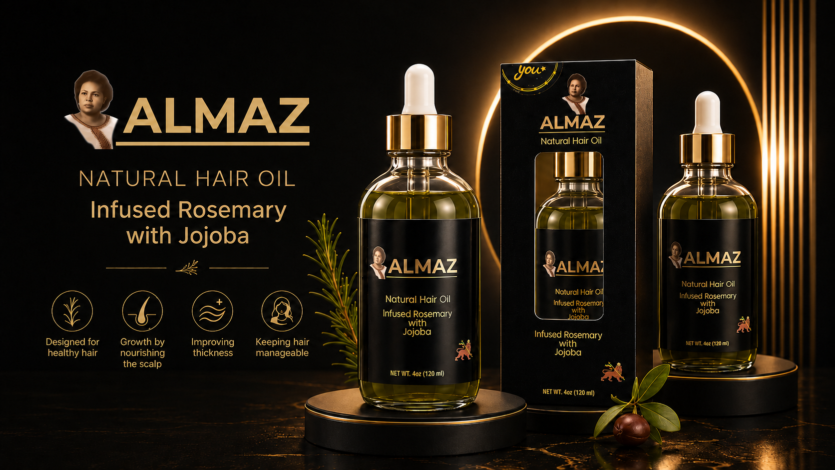 ALMAZ Natural Hair Oil infused with rosemary and jojoba
