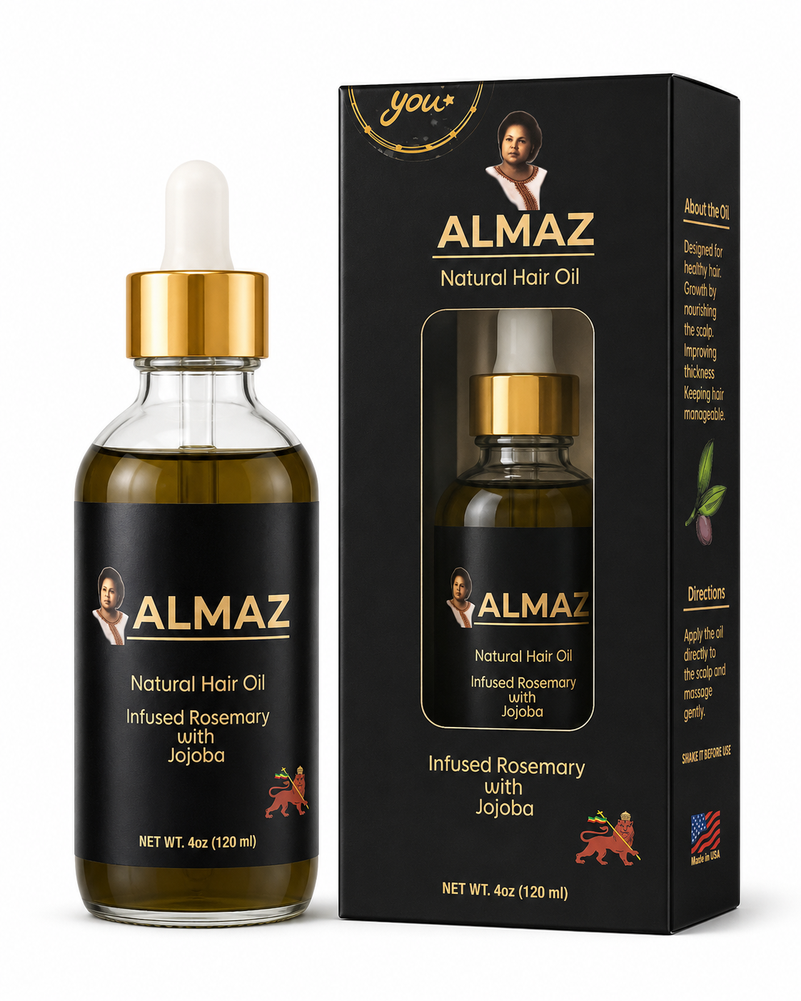 ALMAZ Natural Hair Oil bottle and box